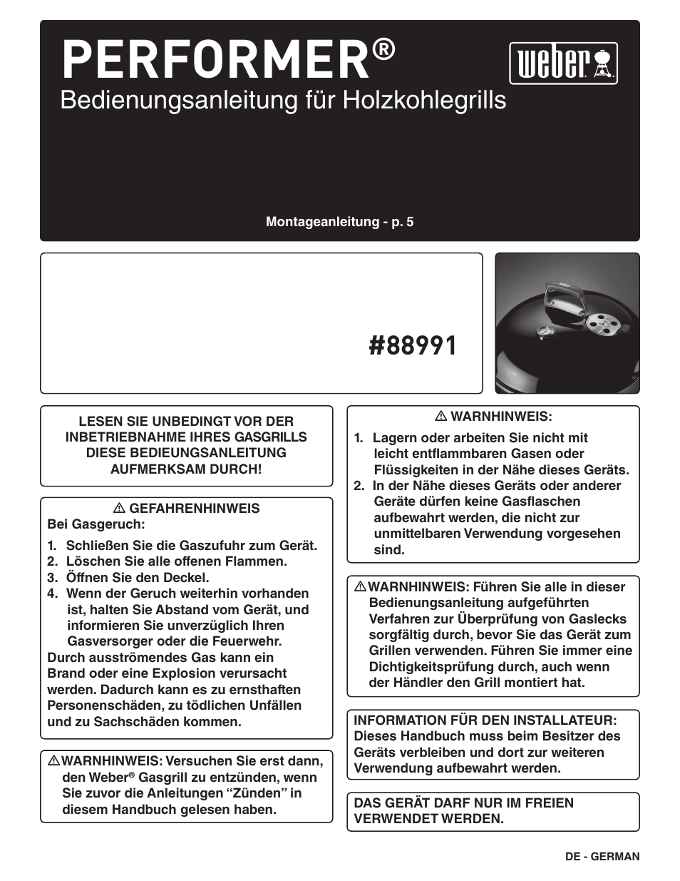 Performer, Bedienungsanleitung für holzkohlegrills | weber Pg5 User Manual | Page 115 / 180