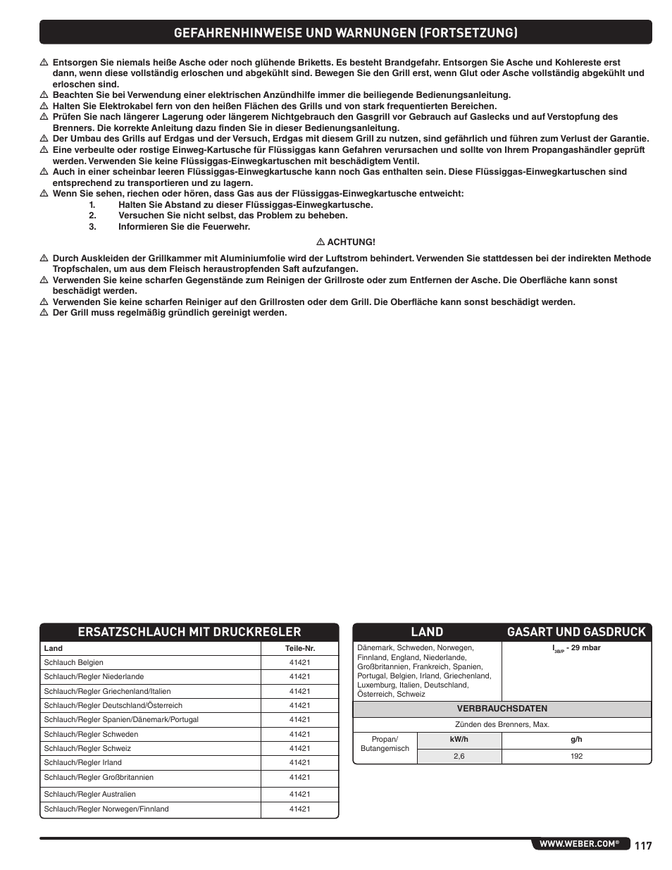 Gefahrenhinweise und warnungen (fortsetzung), Garantie, Land gasart und gasdruck | Ersatzschlauch mit druckregler | weber Pg5 User Manual | Page 117 / 180