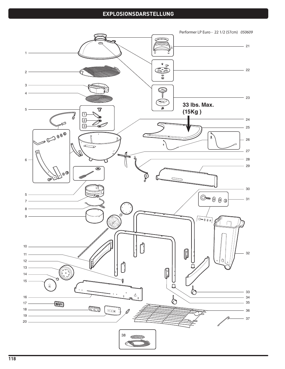 Explosionsdarstellung, 33 lbs. max. (15kg ) | weber Pg5 User Manual | Page 118 / 180