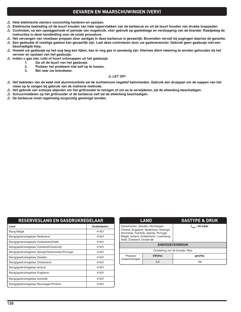 Gevaren en waarschuwingen (verv), Garantie, Land gastype & druk | Reserveslang en gasdrukregelaar | weber Pg5 User Manual | Page 130 / 180