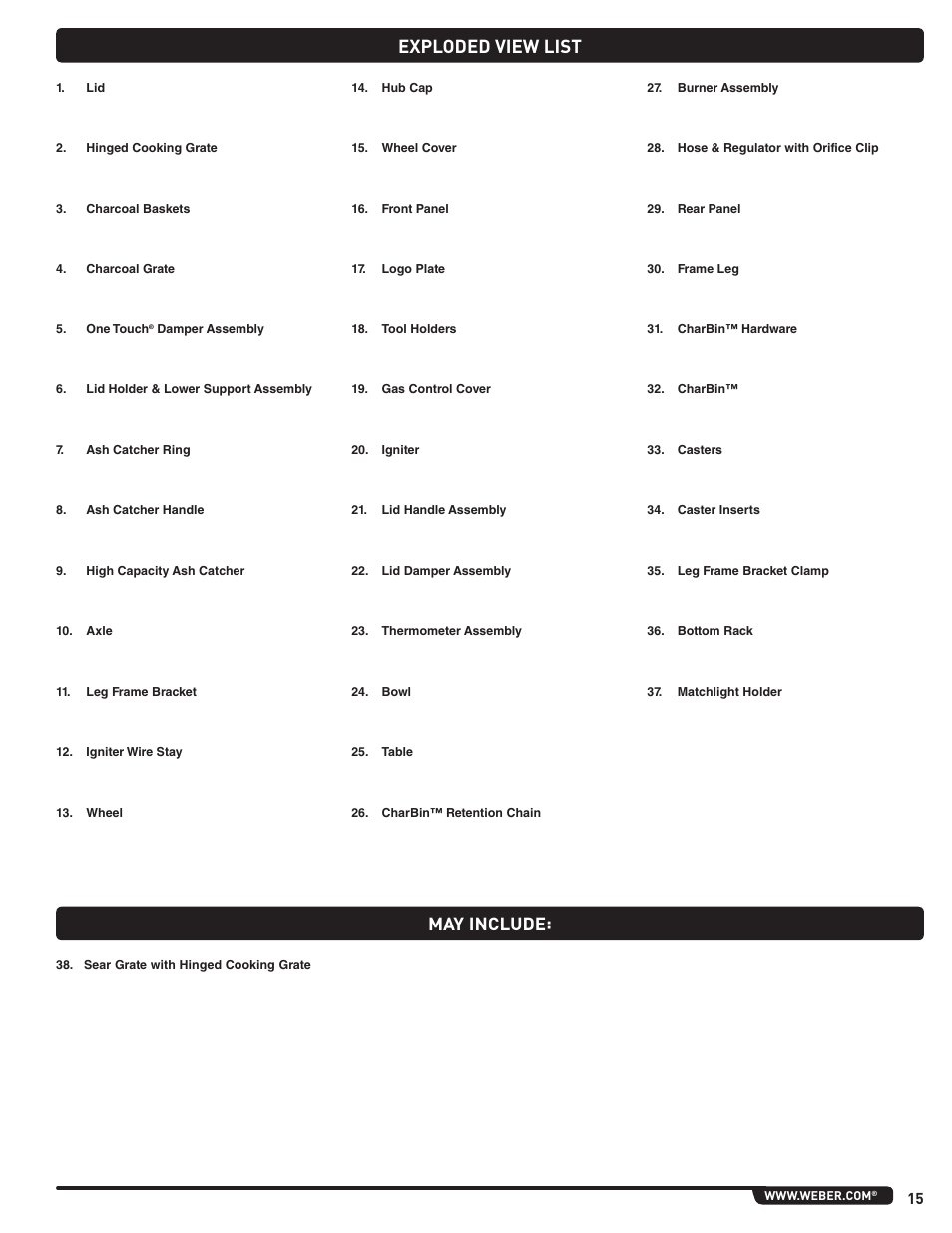 Exploded view list, May include | weber Pg5 User Manual | Page 15 / 180