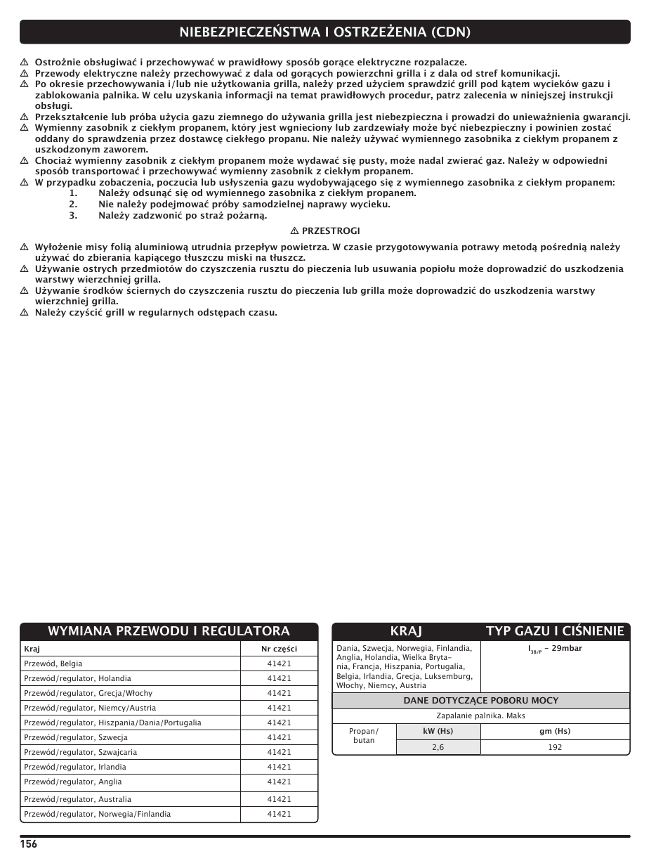 Niebezpieczeństwa i ostrzeżenia (cdn), Gwarancja, Kraj typ gazu i ciśnienie | Wymiana przewodu i regulatora | weber Pg5 User Manual | Page 156 / 180