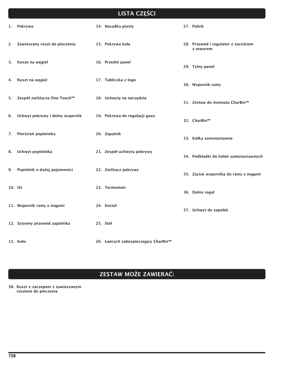Lista części, Zestaw może zawierać | weber Pg5 User Manual | Page 158 / 180