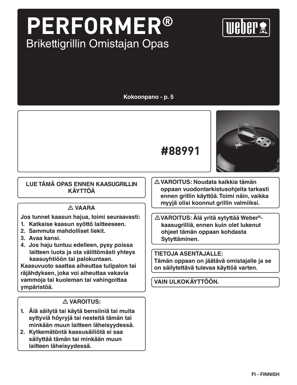 Performer, Brikettigrillin omistajan opas | weber Pg5 User Manual | Page 24 / 180