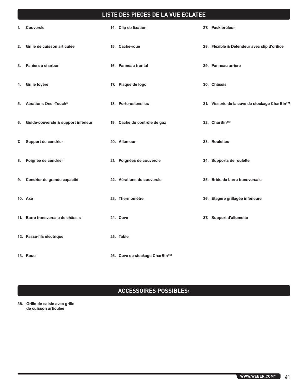 Liste des pieces de la vue eclatee, Accessoires possibles | weber Pg5 User Manual | Page 41 / 180