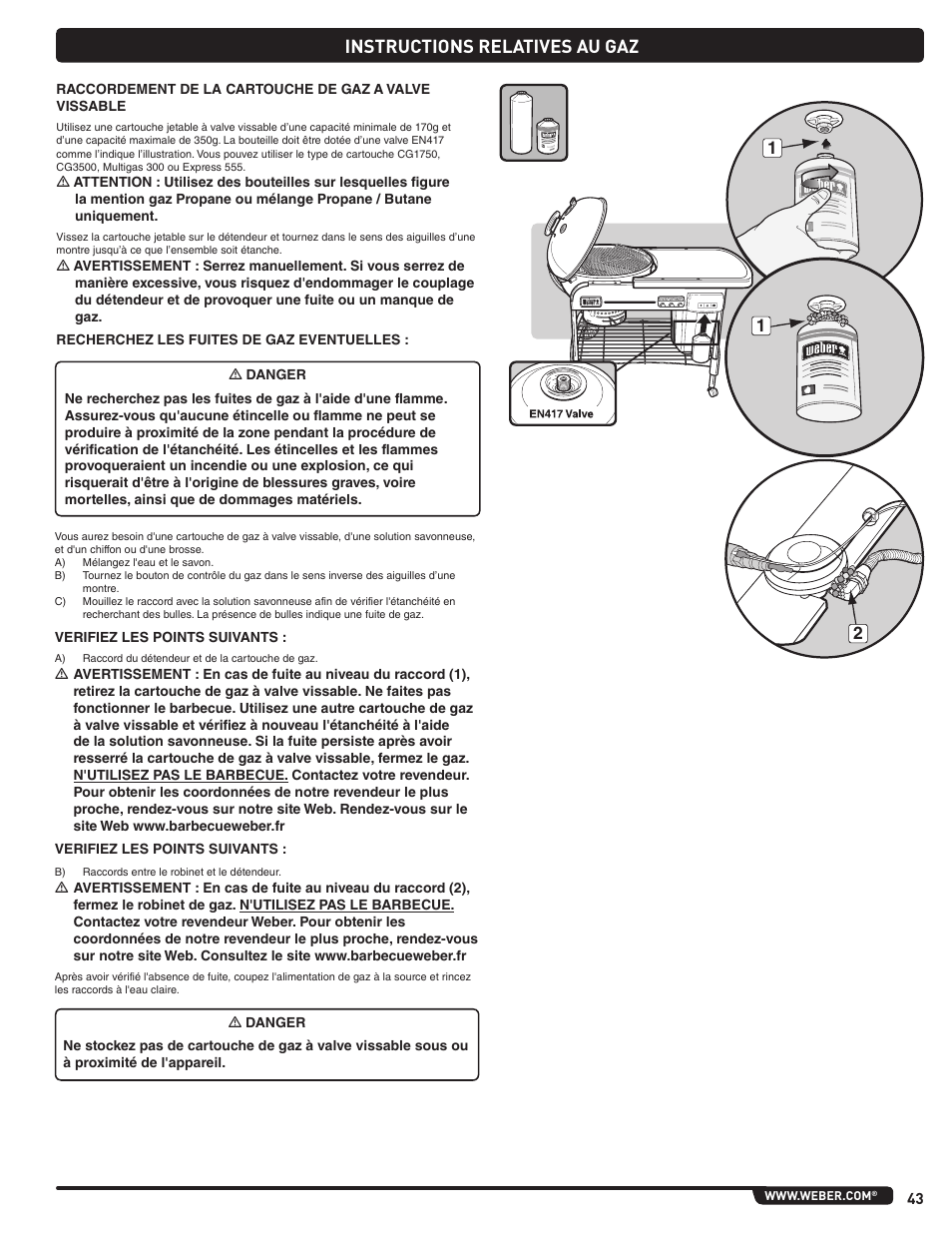 Instructions relatives au gaz | weber Pg5 User Manual | Page 43 / 180