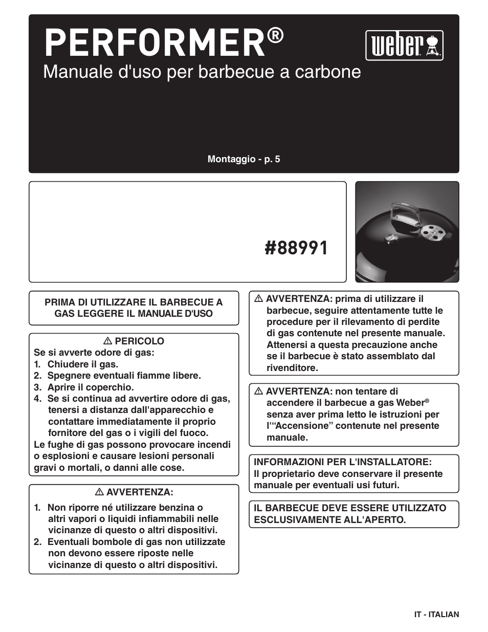 Performer, Manuale d'uso per barbecue a carbone | weber Pg5 User Manual | Page 50 / 180