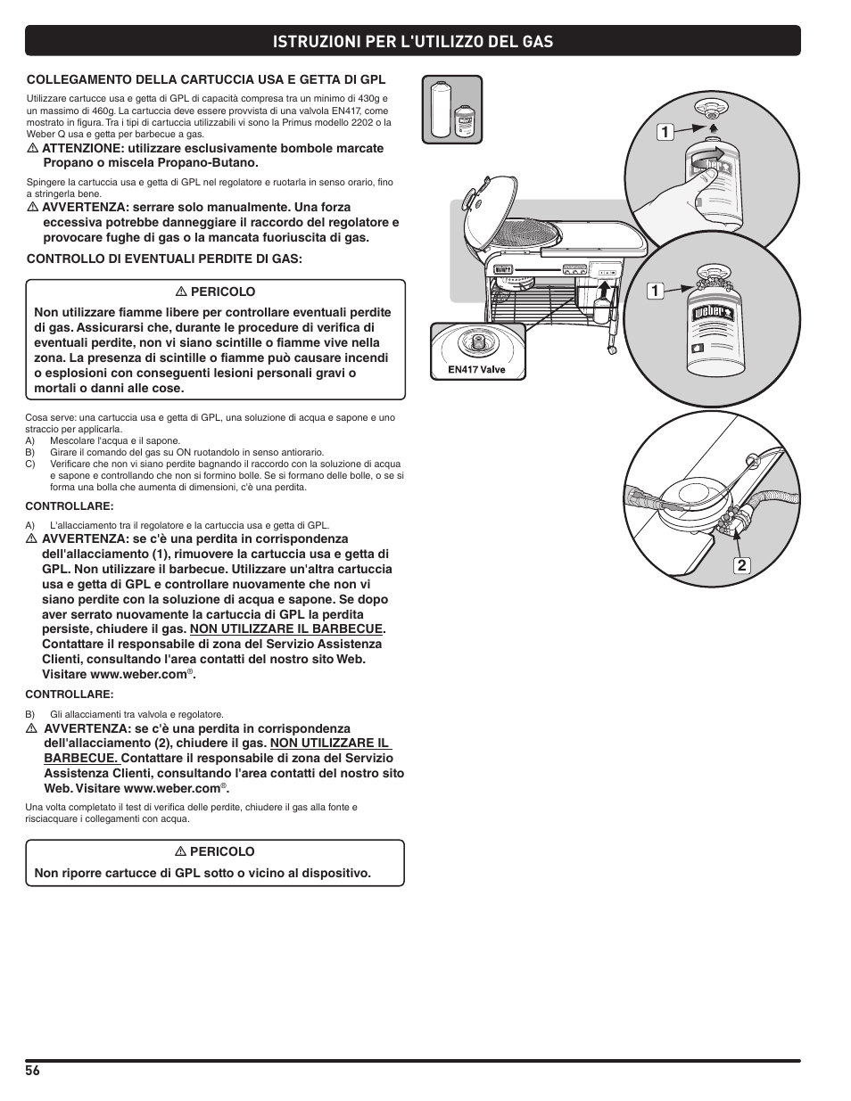 Istruzioni per l'utilizzo del gas | weber Pg5 User Manual | Page 56 / 180