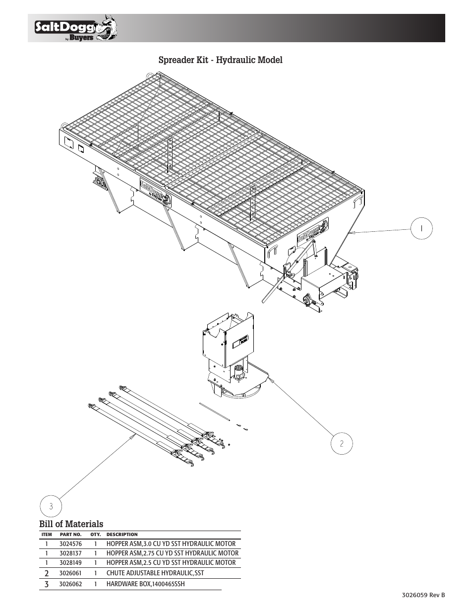 Bill of materials spreader kit - hydraulic model | SaltDogg 1400465SSH Self-Contained Hopper Spreader User Manual | Page 12 / 12