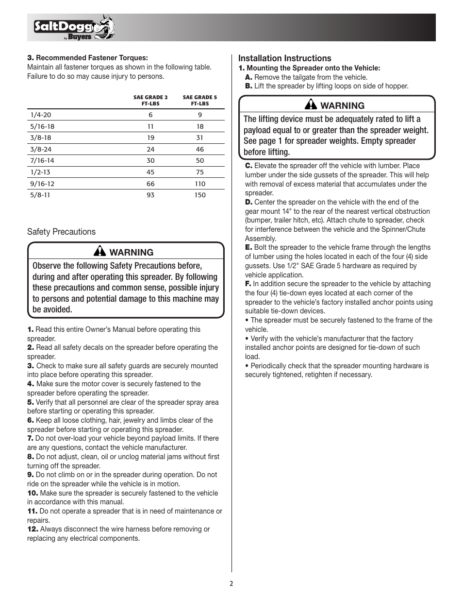 Safety precautions installation instructions | SaltDogg 1400465SSH Self-Contained Hopper Spreader User Manual | Page 2 / 12