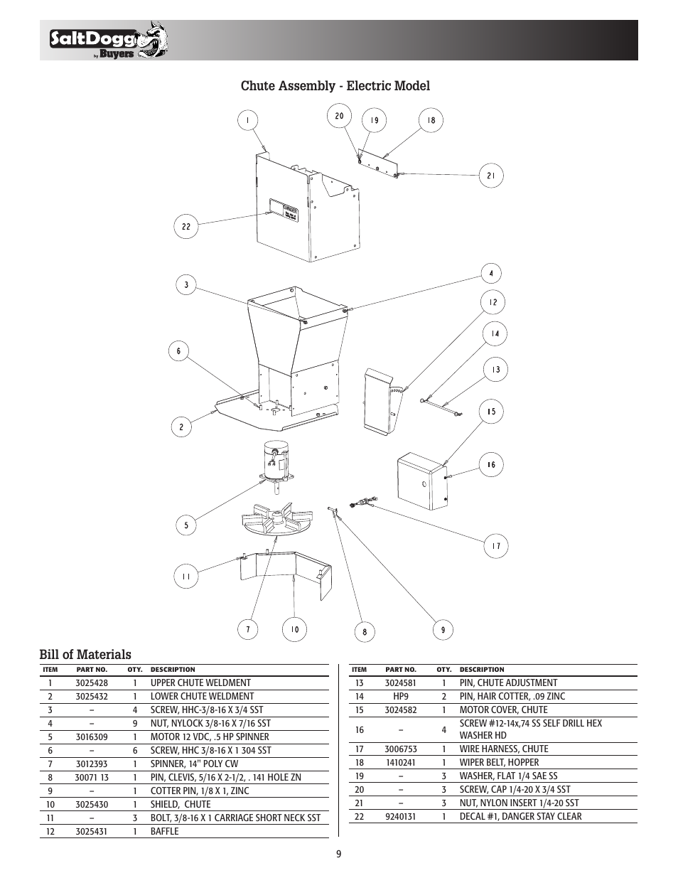 Bill of materials chute assembly - electric model | SaltDogg 1400465SSH Self-Contained Hopper Spreader User Manual | Page 9 / 12