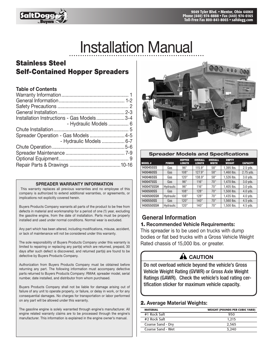SaltDogg 1400550SS / -H Self-Contained Hopper Spreader User Manual | 16 pages