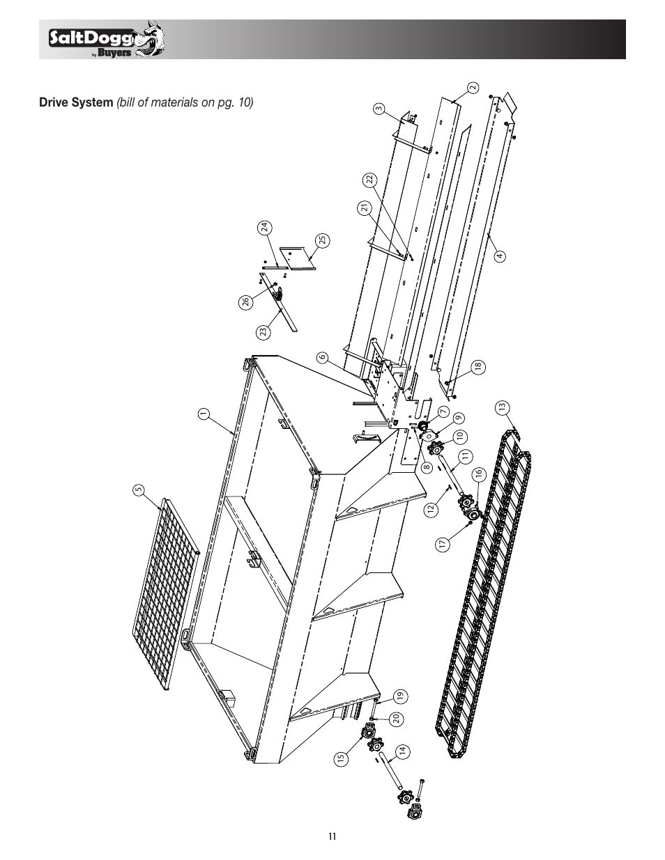 Drive system (bill of materials on pg. 10) | SaltDogg 1400550SS / -H Self-Contained Hopper Spreader User Manual | Page 11 / 16