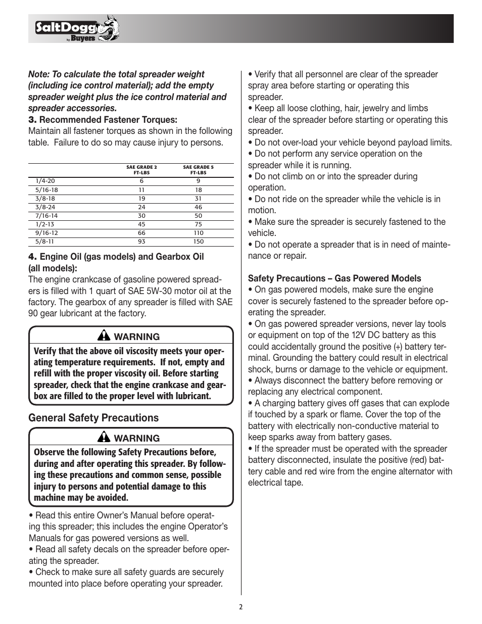 General safety precautions | SaltDogg 1400550SS / -H Self-Contained Hopper Spreader User Manual | Page 2 / 16