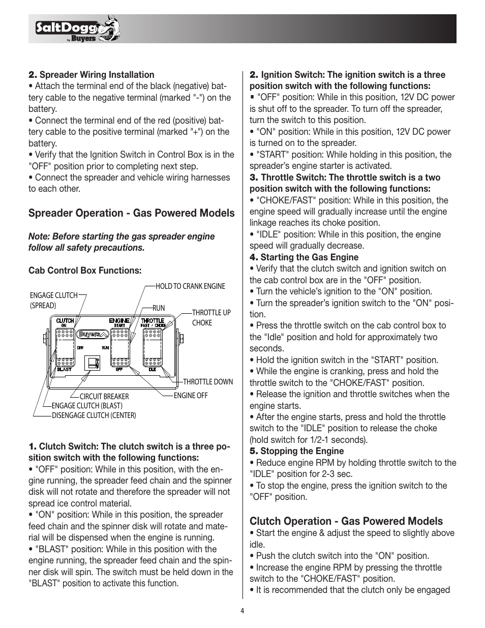 Spreader operation - gas powered models, Clutch operation - gas powered models | SaltDogg 1400550SS / -H Self-Contained Hopper Spreader User Manual | Page 4 / 16