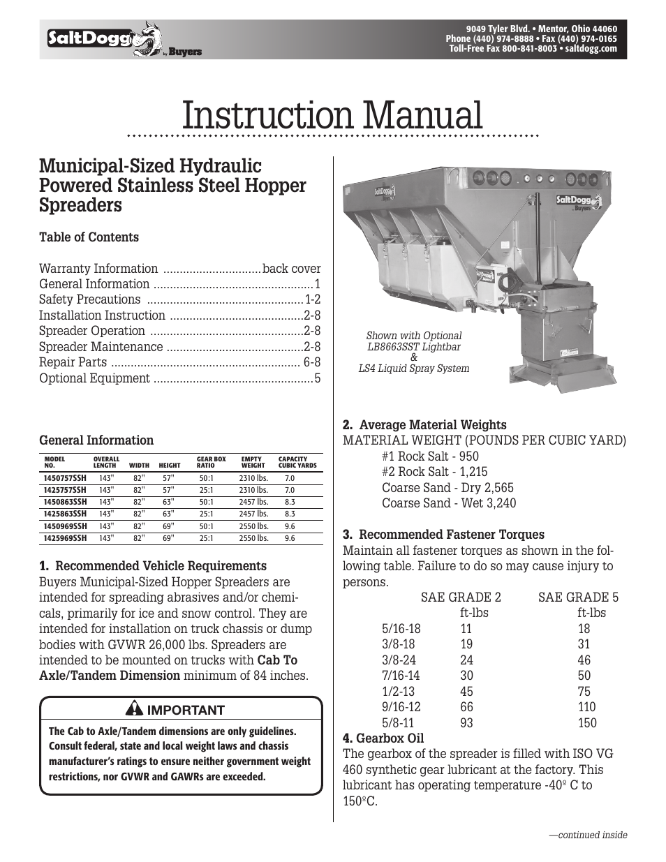 SaltDogg 1450969SSH Municipal-Sized Hydraulic Hopper Spreader User Manual | 8 pages