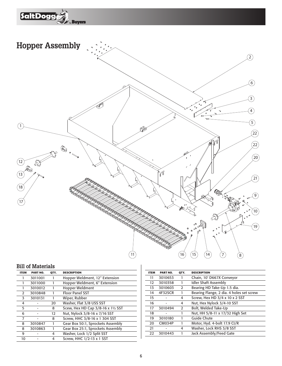 Hopper assembly, Bill of materials | SaltDogg 1450969SSH Municipal-Sized Hydraulic Hopper Spreader User Manual | Page 6 / 8