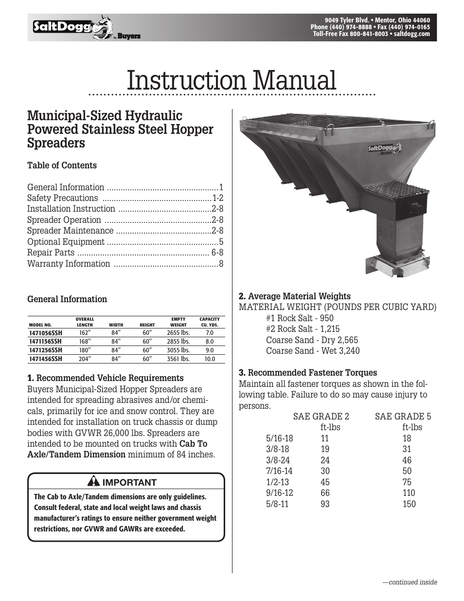 SaltDogg 1471456SSH Municipal-Sized Hydraulic Hopper Spreader User Manual | 8 pages