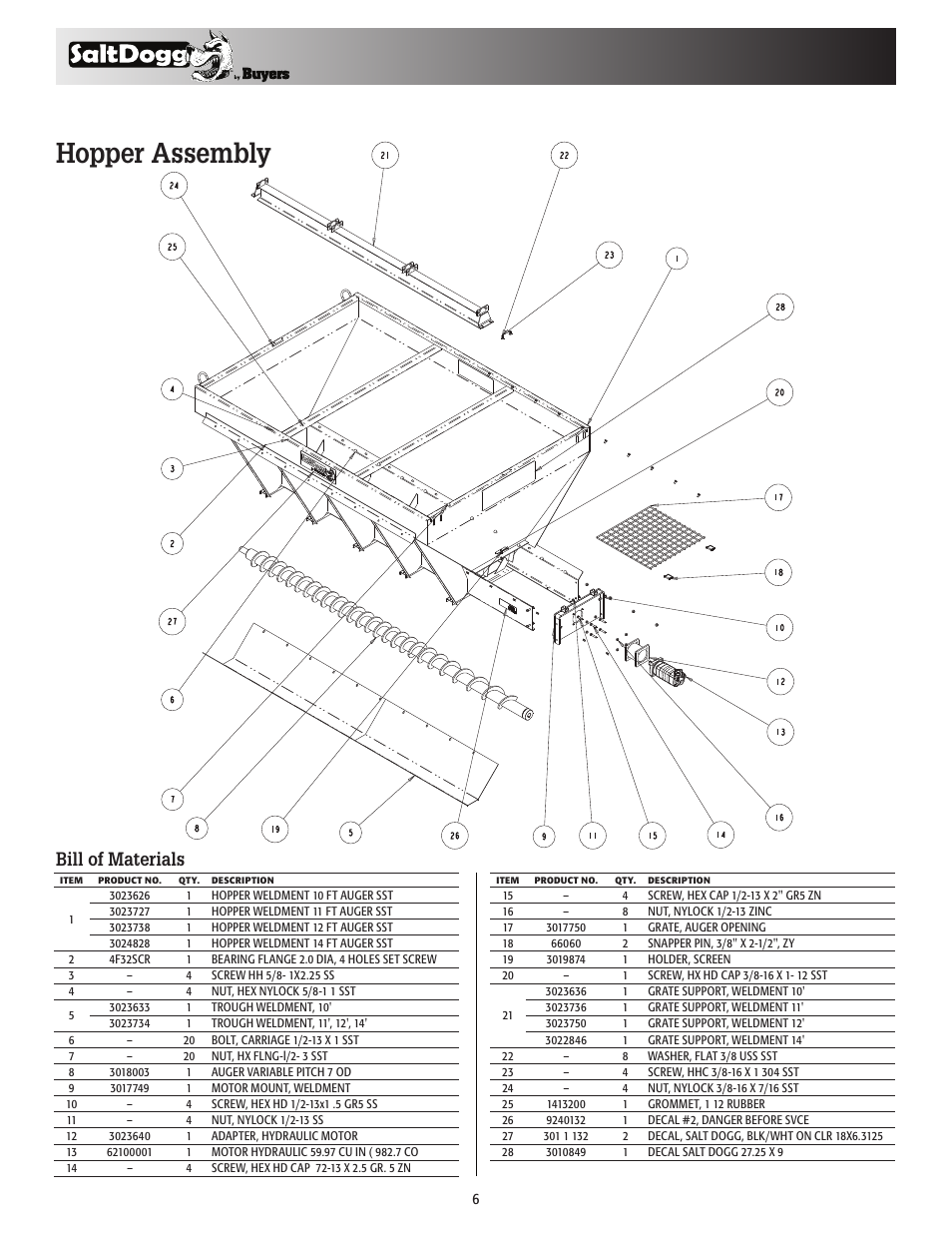 Hopper assembly, Bill of materials | SaltDogg 1471456SSH Municipal-Sized Hydraulic Hopper Spreader User Manual | Page 6 / 8