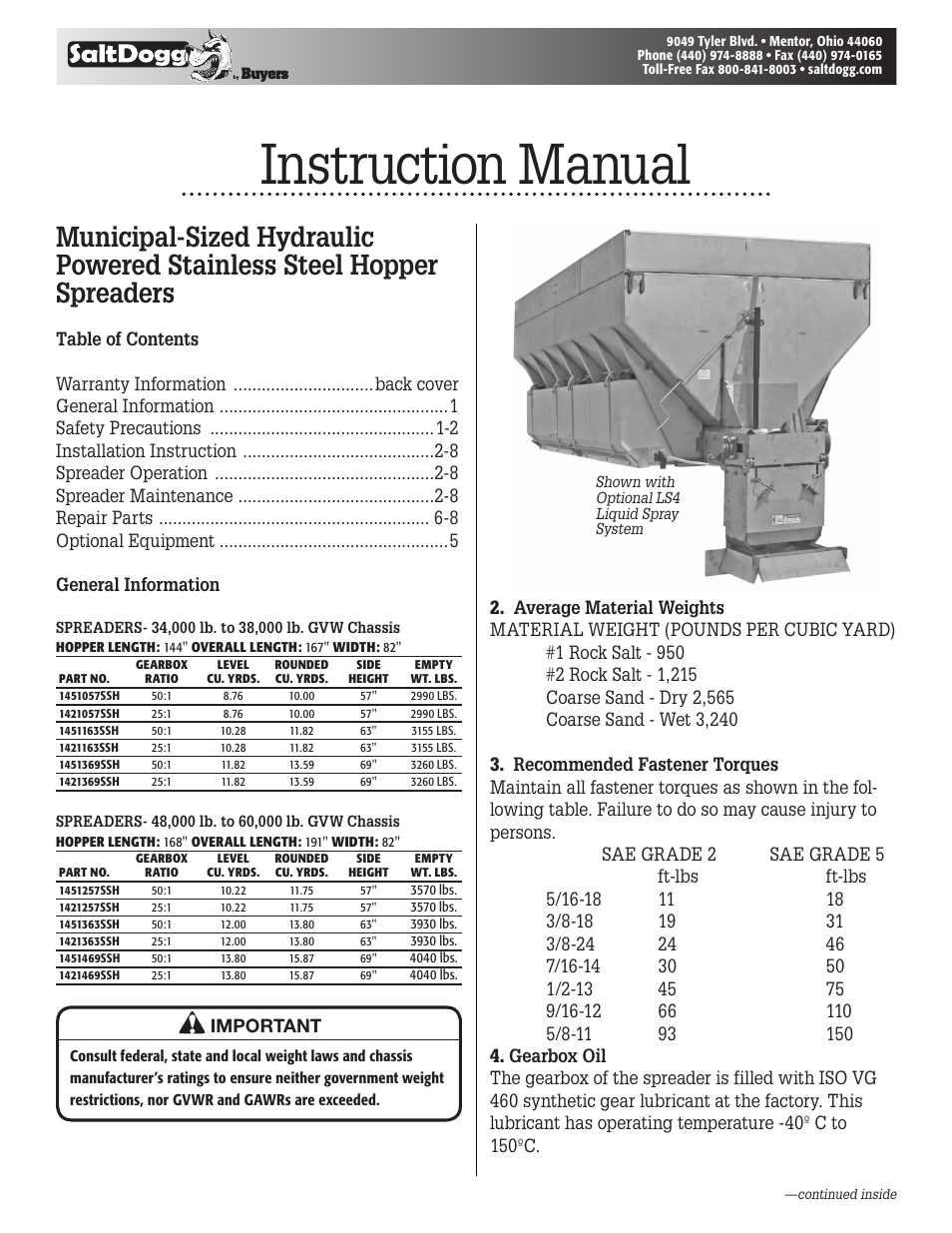 SaltDogg 1421469SSH Municipal-Sized Hydraulic Hopper Spreader User Manual | 8 pages