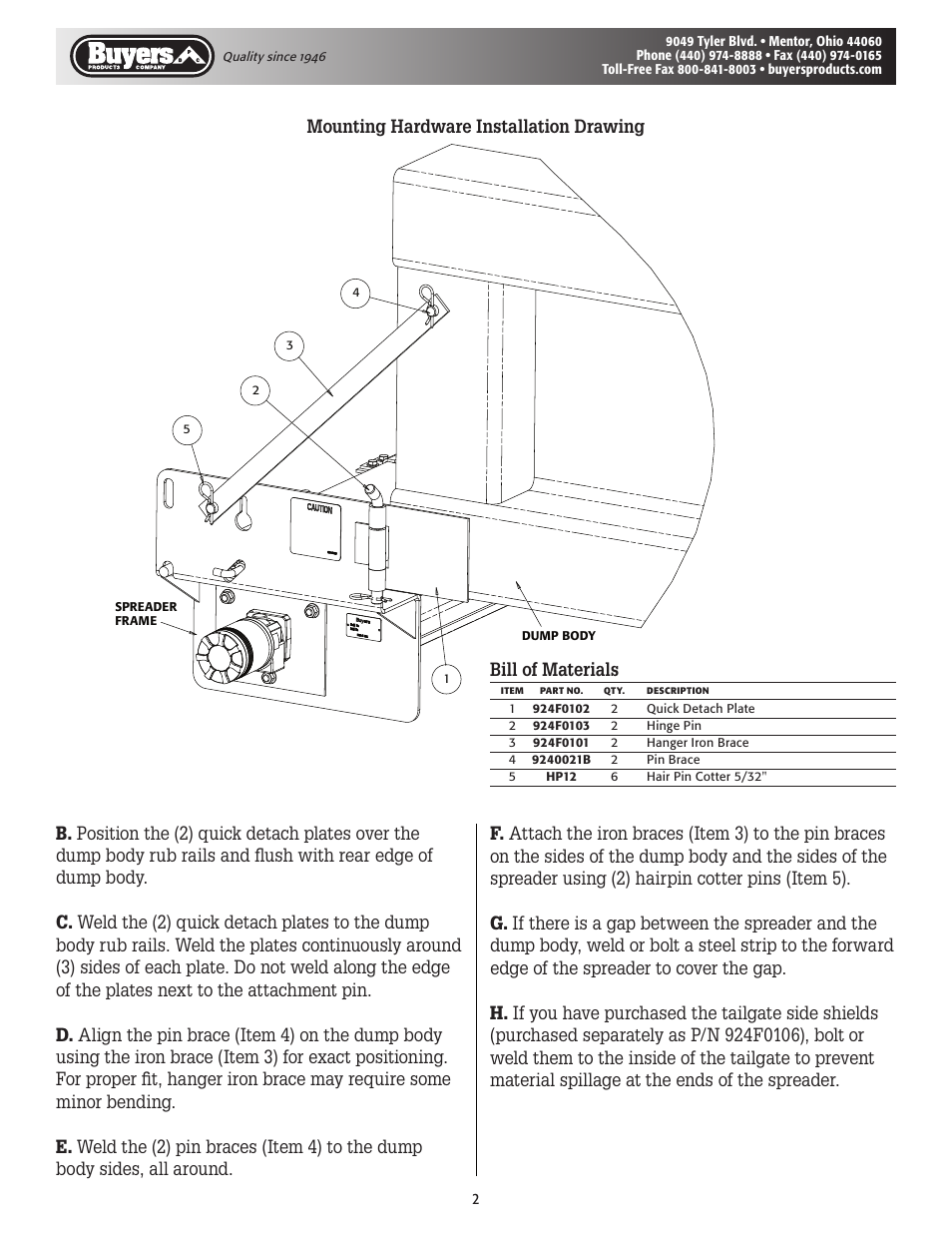 Bill of materials, Mounting hardware installation drawing | SaltDogg 92420, -30 Series Under Tailgate Spreader User Manual | Page 2 / 8