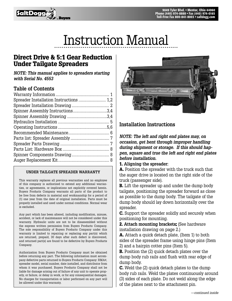 SaltDogg 92420A, -30A Series Under Tailgate Spreader (with Serial No. 4553) User Manual | 8 pages