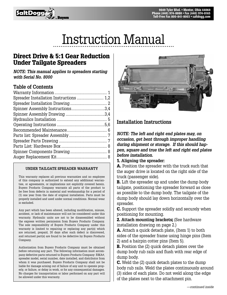 SaltDogg 92420A, -30A Series Under Tailgate Spreader (with Serial No. 8000) User Manual | 8 pages