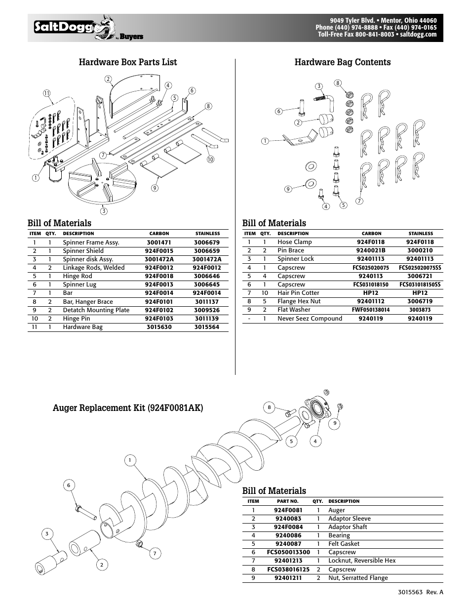 Bill of materials | SaltDogg 92420A, -30A Series Under Tailgate Spreader (with Serial No. 8000) User Manual | Page 8 / 8