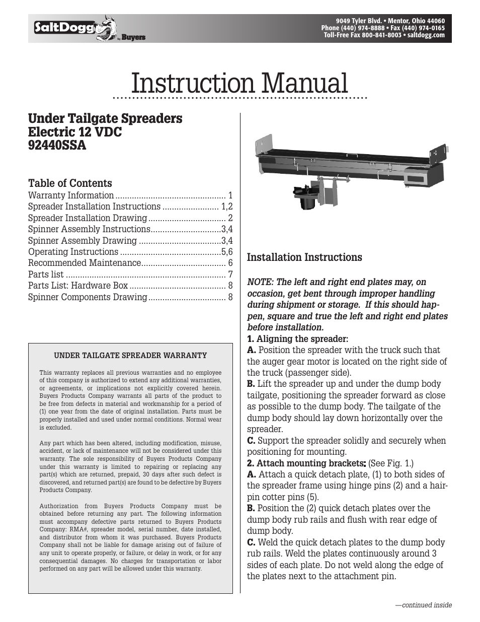 SaltDogg 92440SSA Series Under Tailgate Spreader User Manual | 8 pages