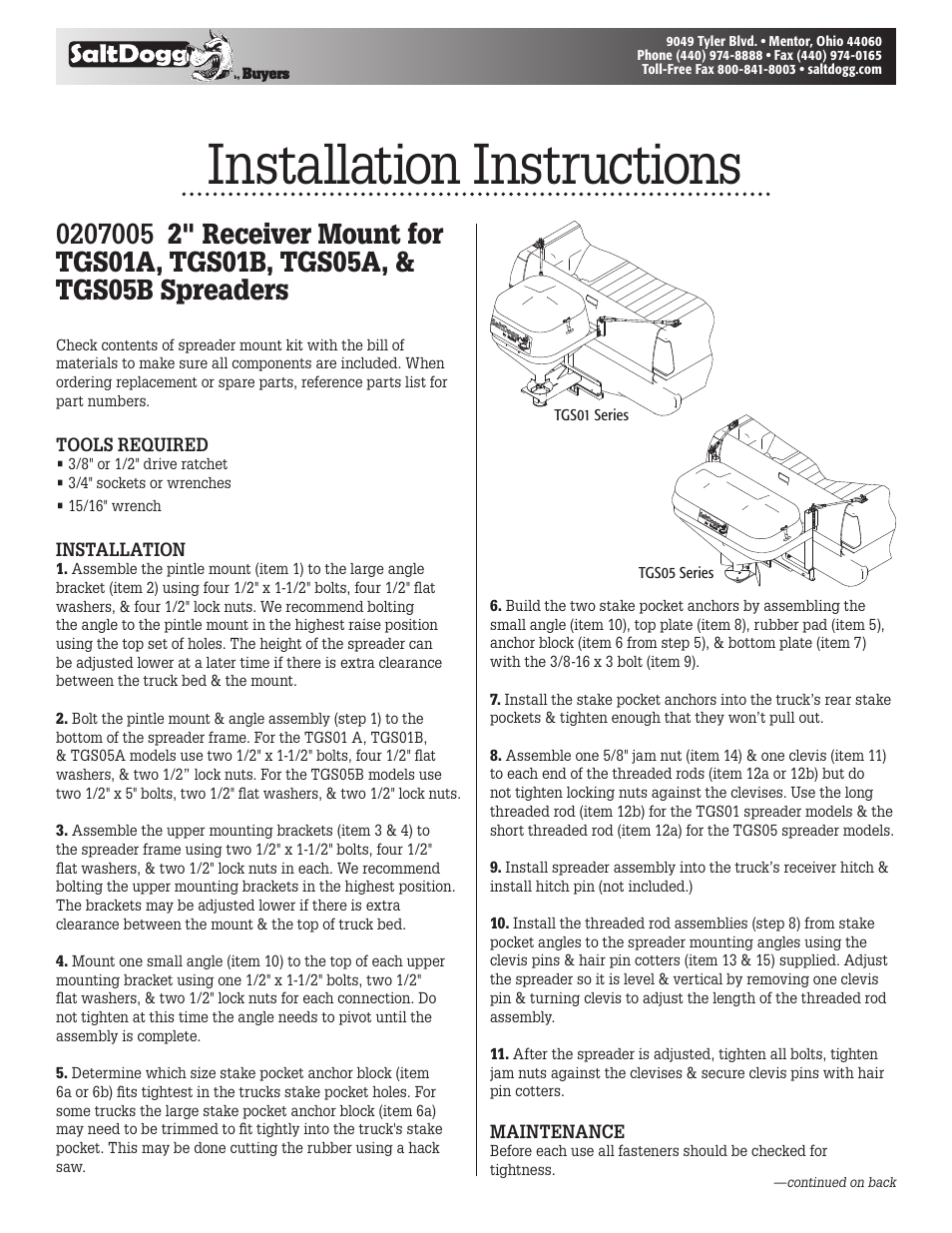 SaltDogg 0207005 2 Receiver Mount for TGS01A, TGS01B, TGS05A, & TGS05B Spreaders User Manual | 2 pages