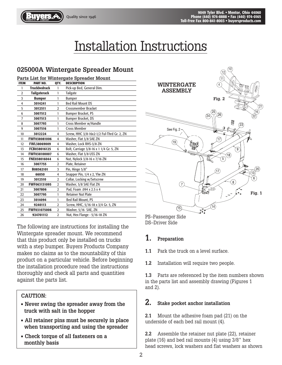 Installation instructions, Check torque of all fasteners on a monthly basis, Ps–passenger side ds–driver side | SaltDogg 025000A Wintergate Spreader Mount for TGS01 Series & TGS05 Series User Manual | Page 2 / 4