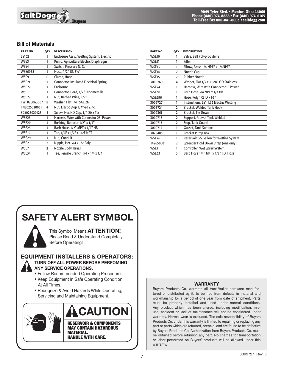 Caution, Safety alert symbol, Bill of materials | Attention, Equipment installers & operators | SaltDogg LS1 Liquid Spray System User Manual | Page 7 / 7