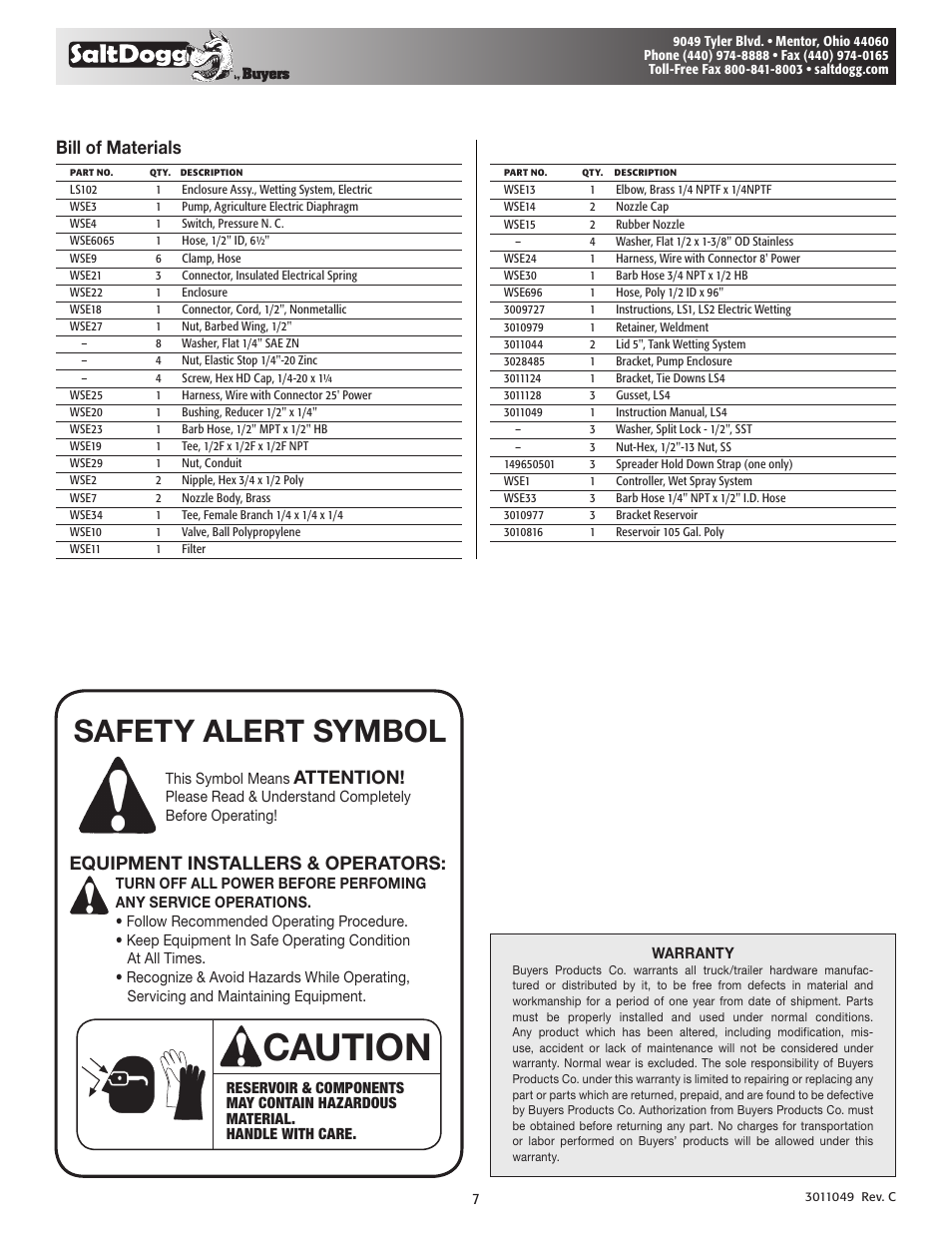 Caution, Safety alert symbol, Bill of materials | Attention, Equipment installers & operators | SaltDogg LS4 Liquid Spray System User Manual | Page 7 / 7
