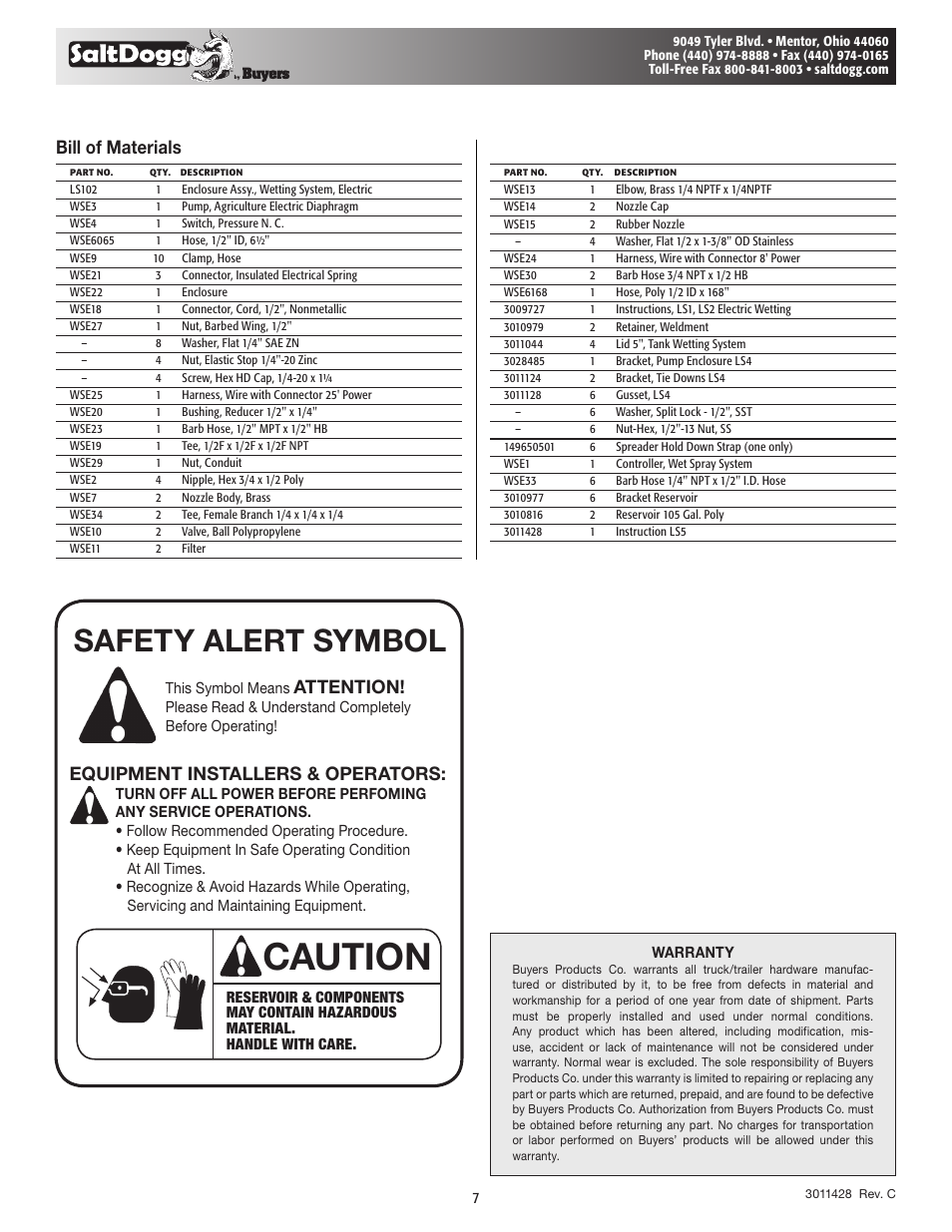 Caution, Safety alert symbol, Bill of materials | Attention, Equipment installers & operators | SaltDogg LS5 Liquid Spray System User Manual | Page 7 / 7