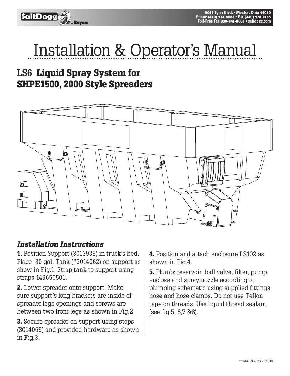 SaltDogg LS6 Liquid Spray System for SHPE1500, 2000 Style Spreaders User Manual | 8 pages