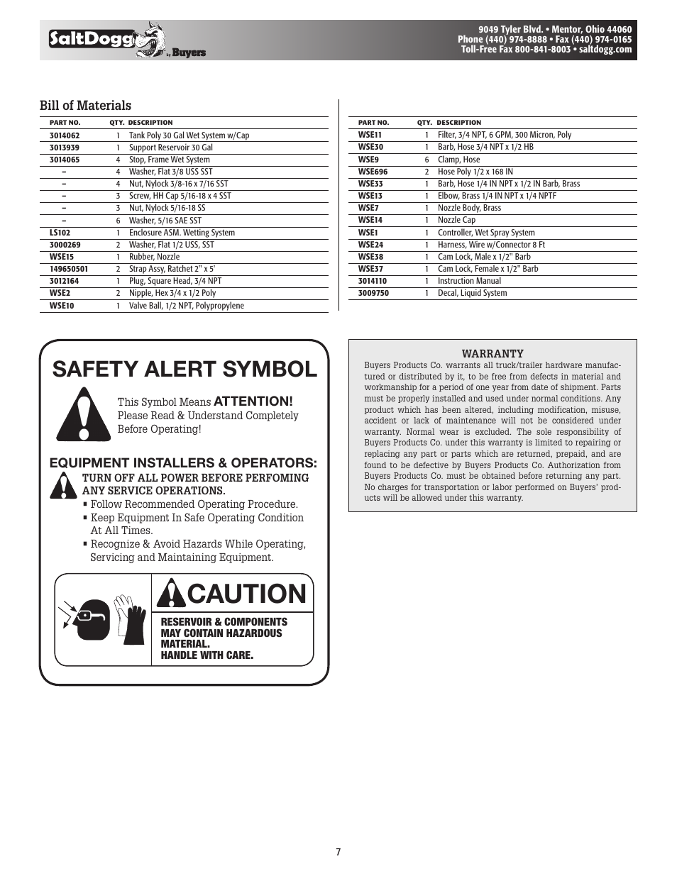 Caution, Safety alert symbol, Bill of materials | Attention, Equipment installers & operators | SaltDogg LS6 Liquid Spray System for SHPE1500, 2000 Style Spreaders User Manual | Page 7 / 8