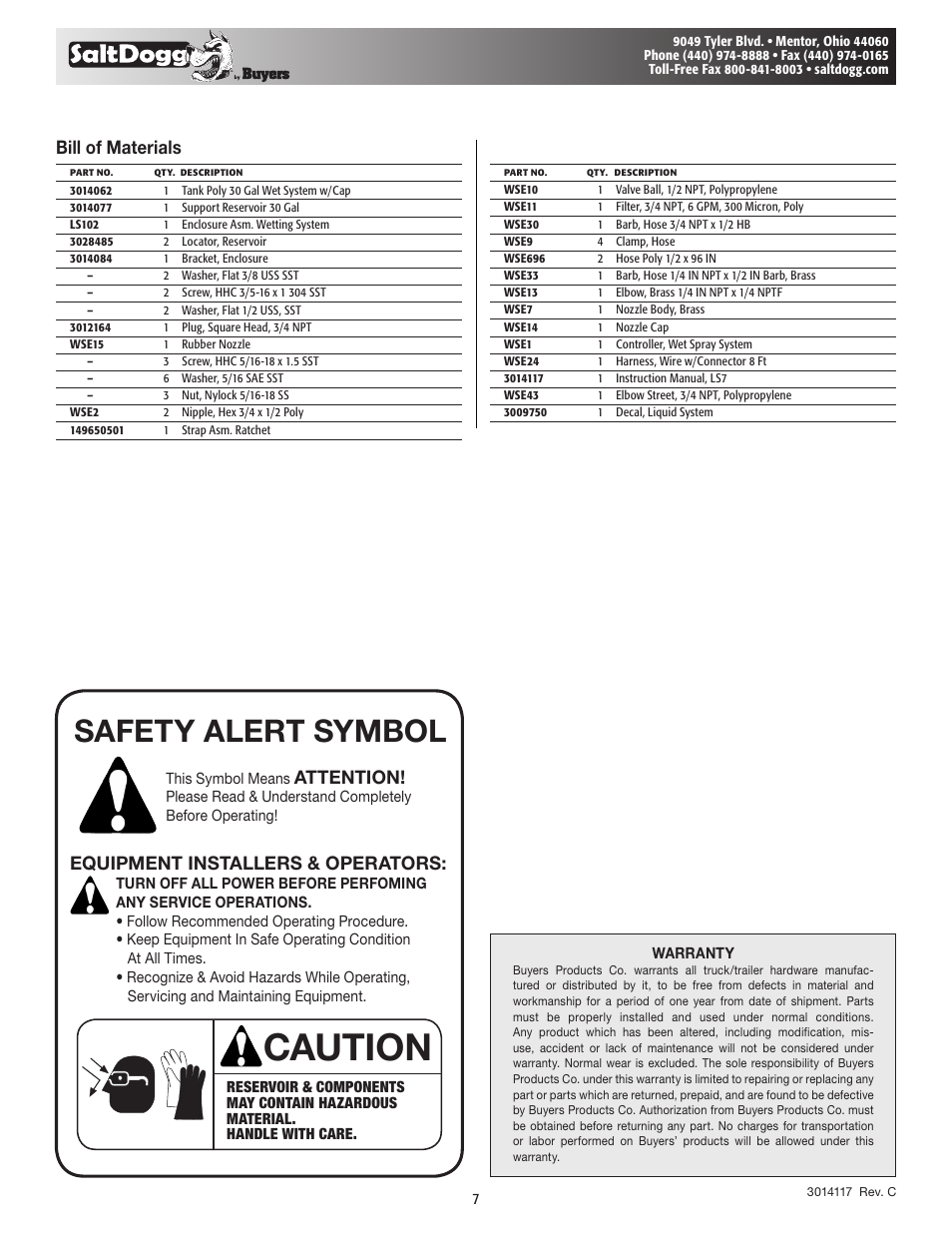 Caution, Safety alert symbol, Bill of materials | Attention, Equipment installers & operators | SaltDogg LS7 Liquid Spray System for SCH Style Spreaders User Manual | Page 7 / 7