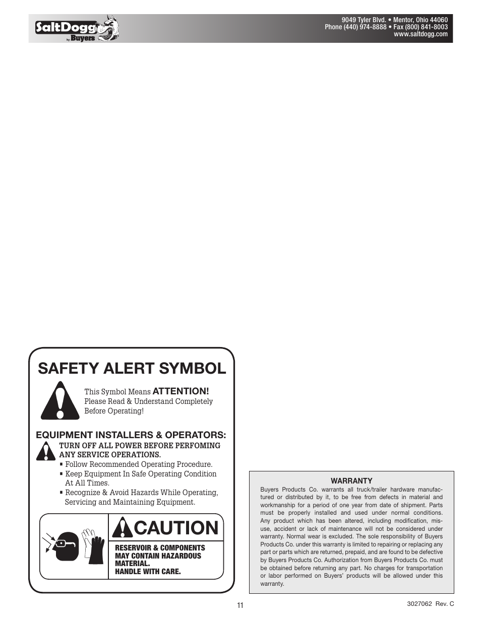 Caution, Safety alert symbol | SaltDogg LS10 Liquid Spay System User Manual | Page 11 / 11