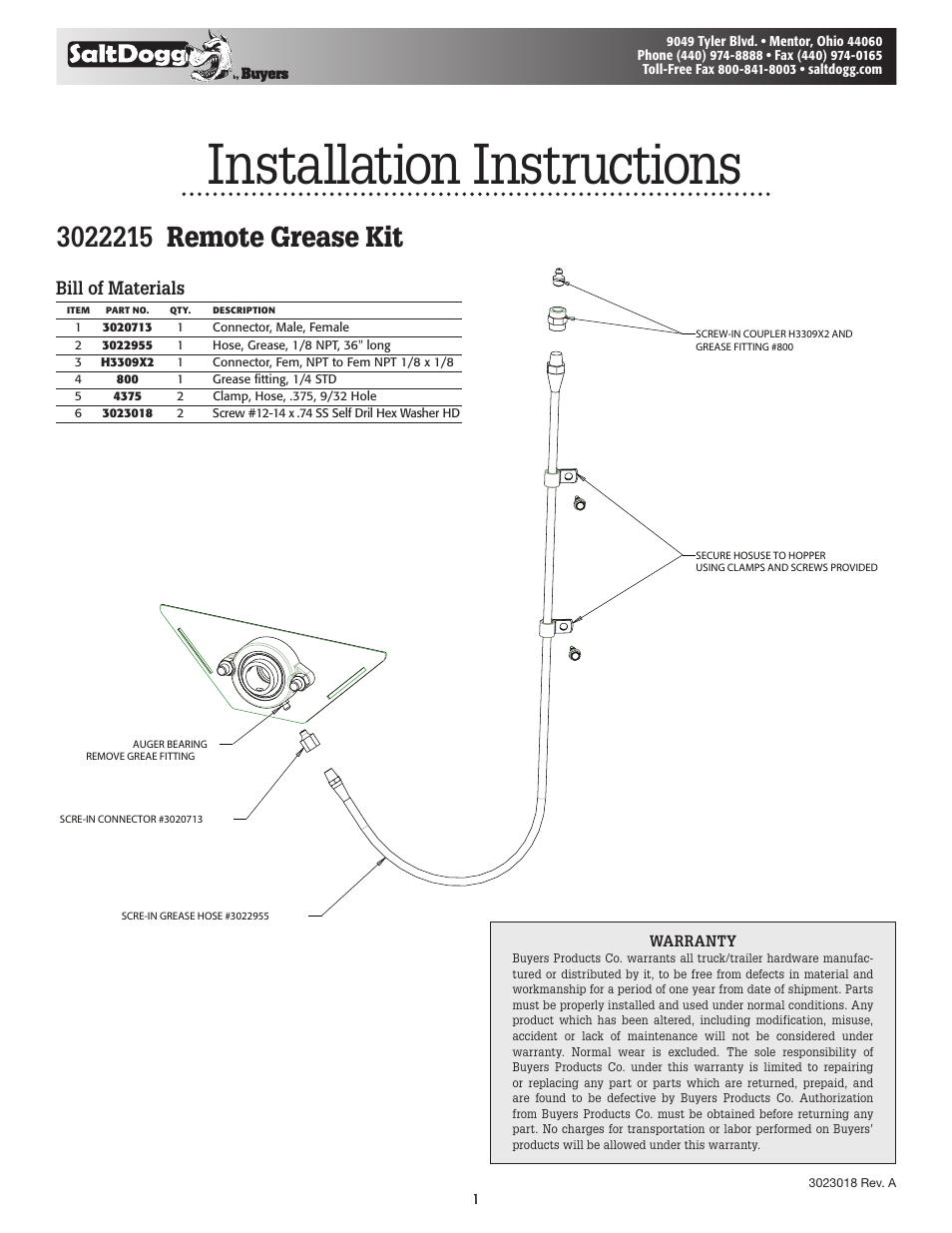 SaltDogg 3022215 Remote Grease Kit User Manual | 1 page