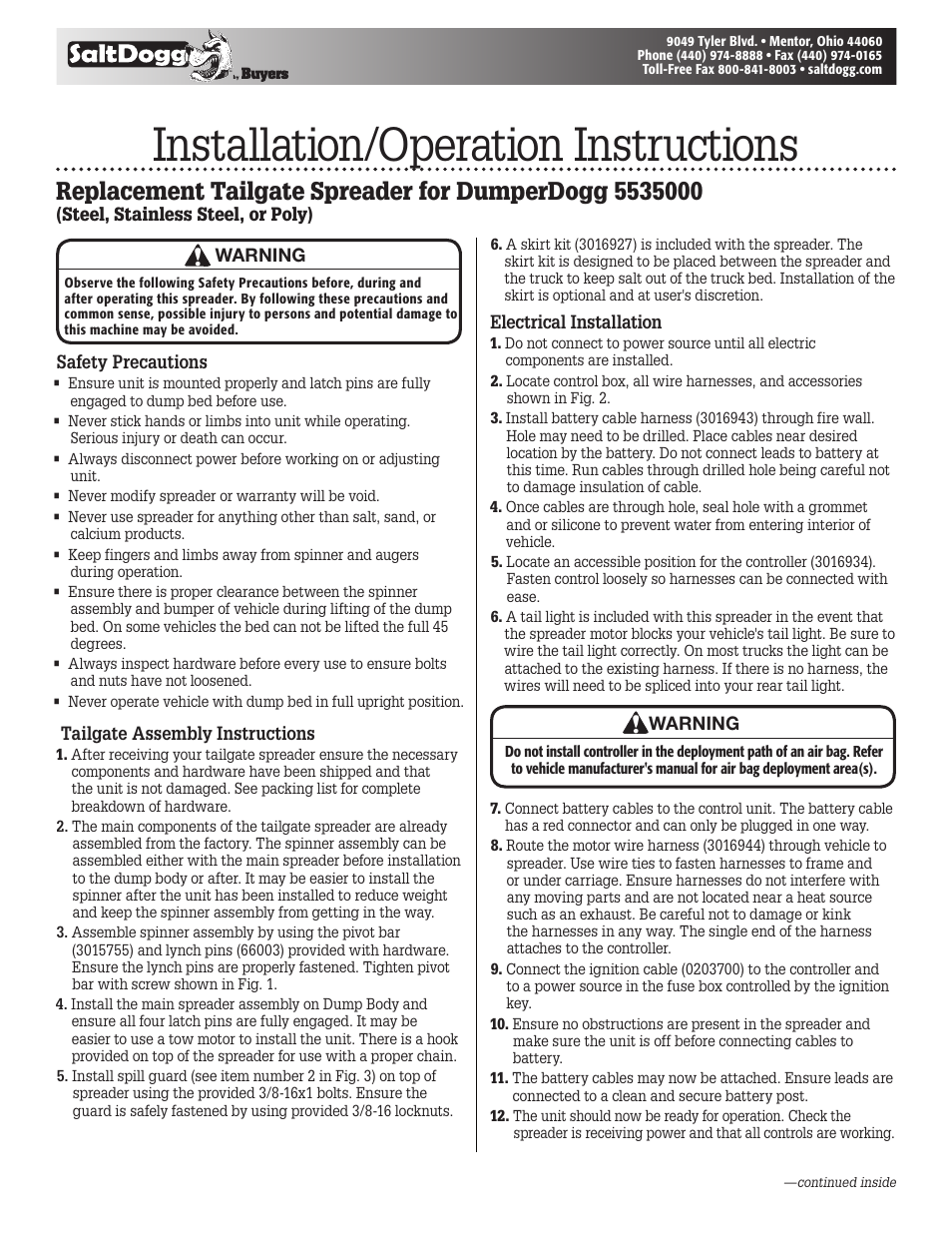 SaltDogg Replacement Tailgate Spreader for DumperDogg 5535000 User Manual | 4 pages