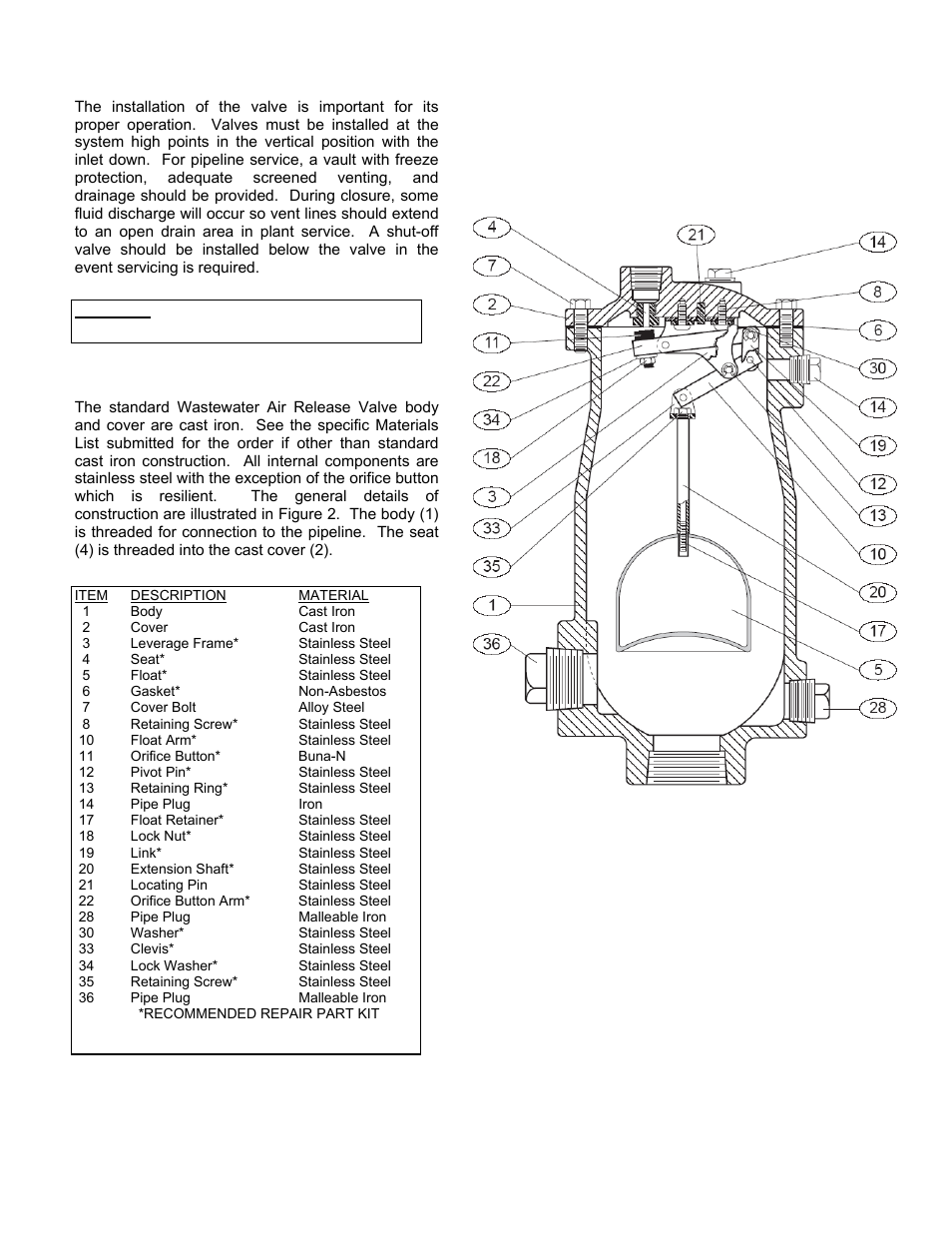Installation, Valve construction | Val-Matic 49A Wastewater Air Release Valve User Manual | Page 3 / 6
