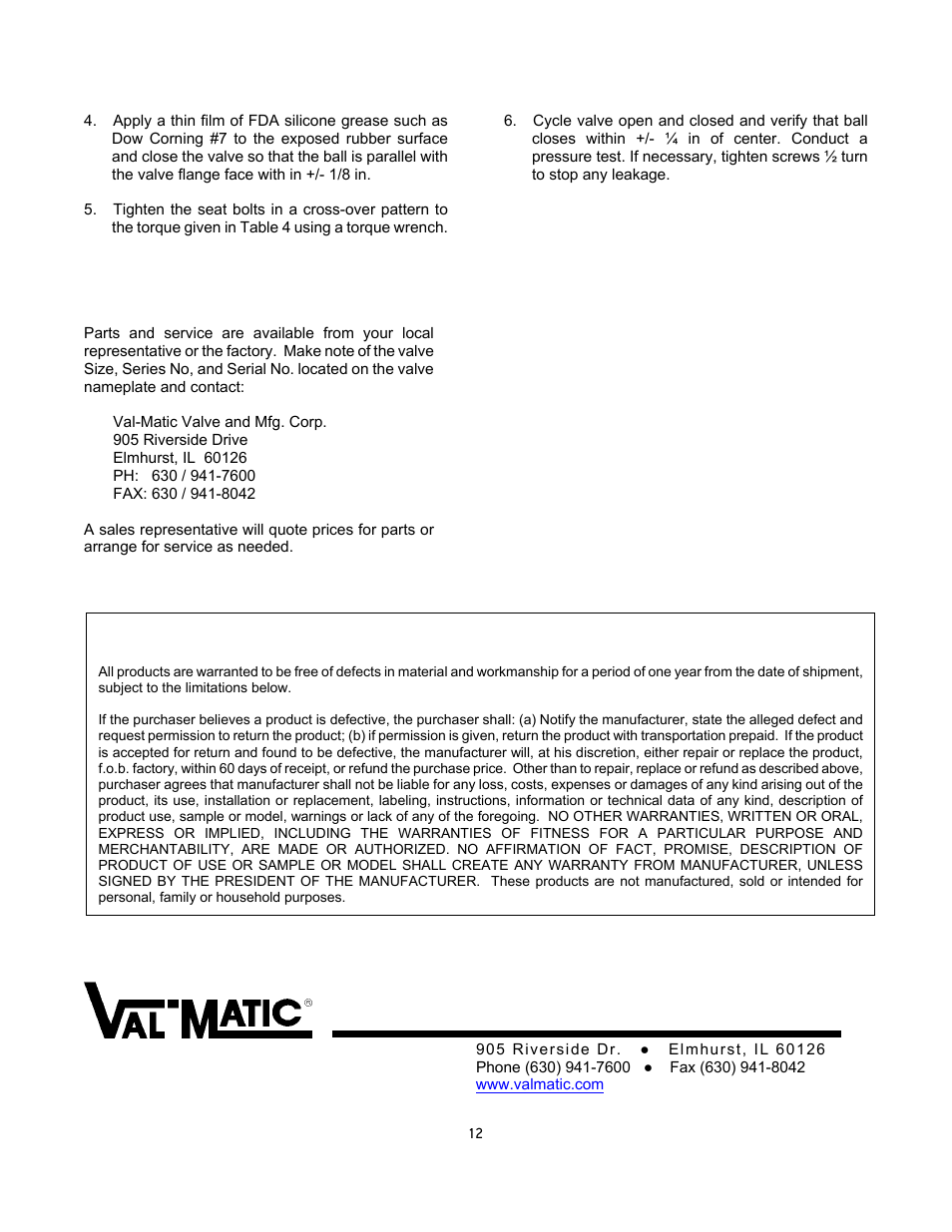 Val-Matic Rubber-Seated Ball Valve User Manual | Page 12 / 12