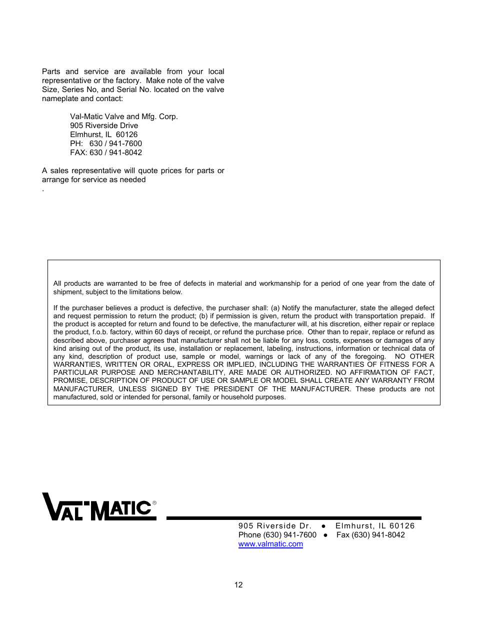 Val-Matic 3-24 Butterfly Valve User Manual | Page 12 / 12