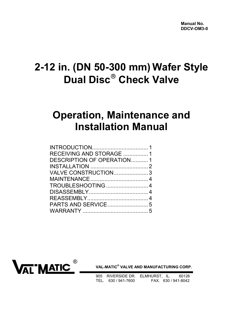 Val-Matic 2-12 in. (DN 50-300 mm) Wafer Style Dual Disc Check Valve User Manual | 6 pages