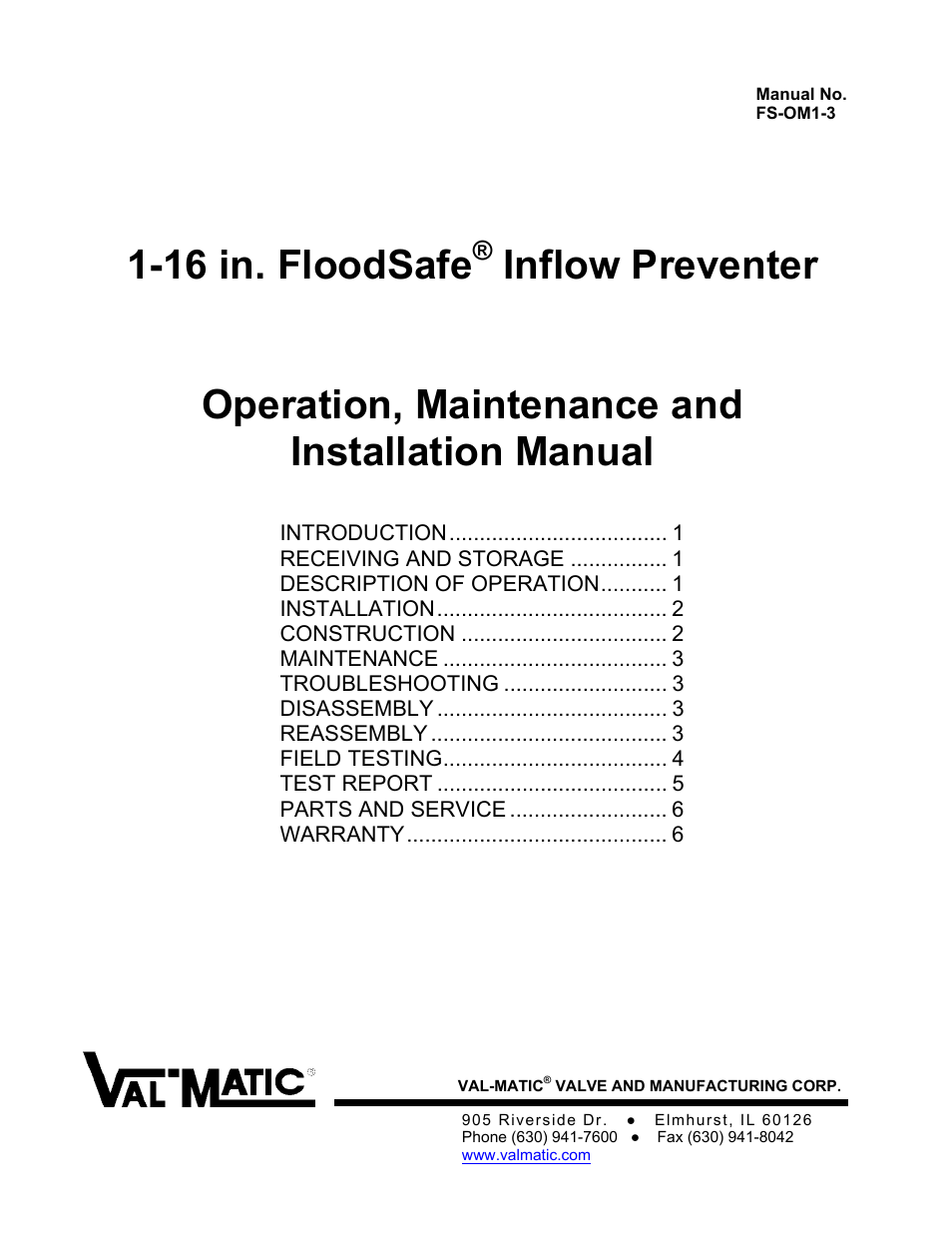 Val-Matic 1-16 in. FloodSafe Inflow Preventer User Manual | 7 pages