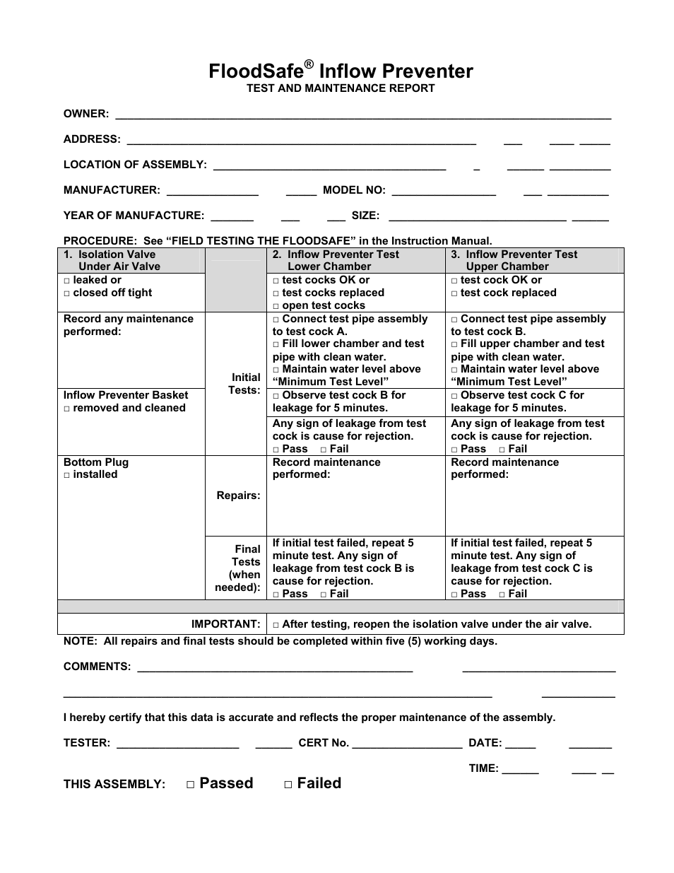 Floodsafe, Inflow preventer, Passed □ failed | Val-Matic 1-16 in. FloodSafe Inflow Preventer User Manual | Page 6 / 7