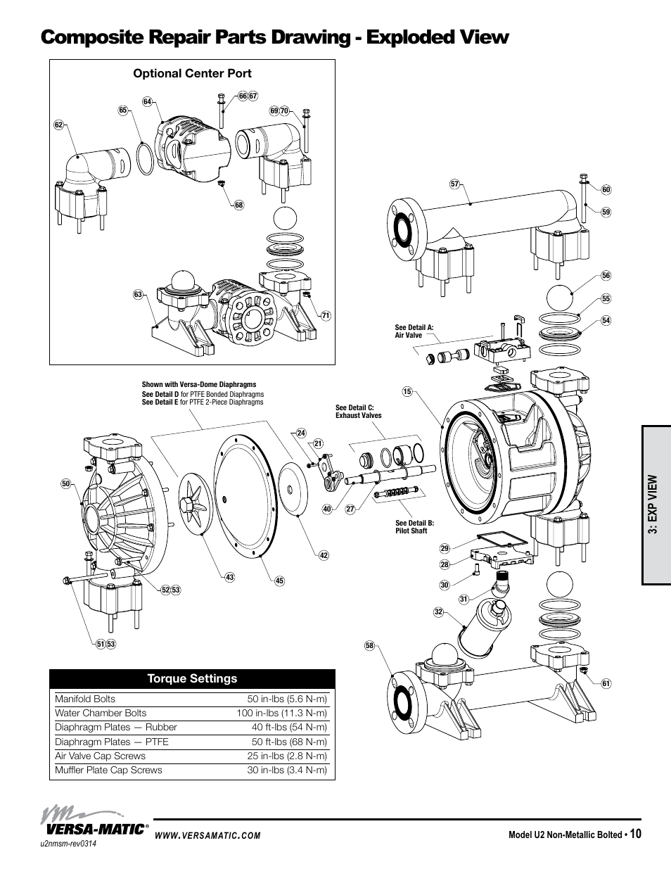 Composite repair parts drawing - exploded view, General model specific, Torque settings | Optional center port, Exp view | Versa-Matic 2 Ultra-Matic Non-Metallic Bolted User Manual | Page 13 / 16