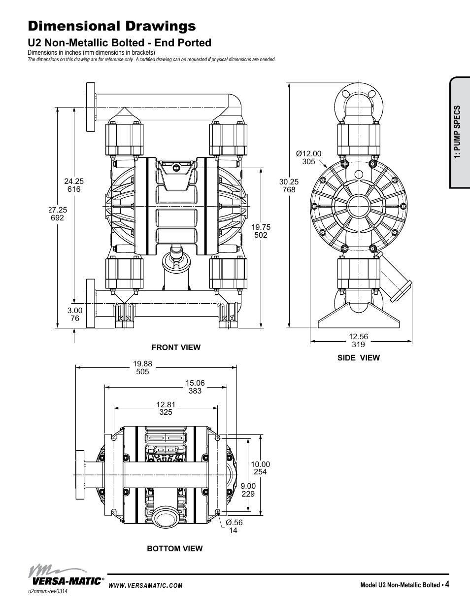 Dimensional drawings, U2 non-metallic bolted - end ported | Versa-Matic 2 Ultra-Matic Non-Metallic Bolted User Manual | Page 7 / 16