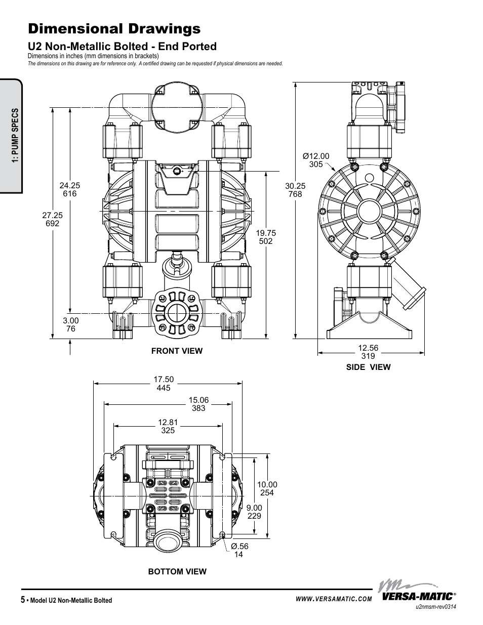 Dimensional drawings, U2 non-metallic bolted - end ported | Versa-Matic 2 Ultra-Matic Non-Metallic Bolted User Manual | Page 8 / 16