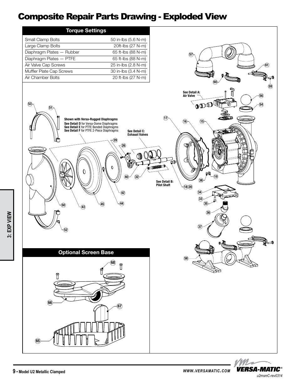 Composite repair parts drawing - exploded view, General model specific, Optional screen base torque settings | Exp view | Versa-Matic 2 Ultra-Matic Metallic Clamped User Manual | Page 12 / 15
